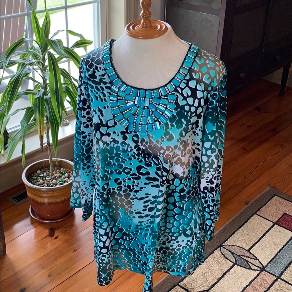 JM Collection Turquoise Embellished Top Medium